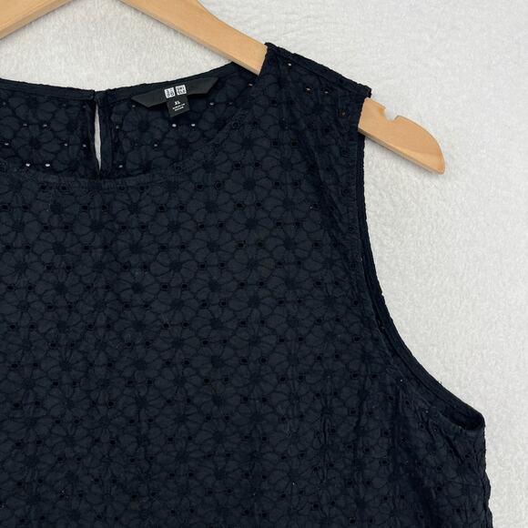 UNIQLO Tank Top Womens XL Floral Eyelet Embroidered Sleeveless Shell Black - Picture 6 of 13